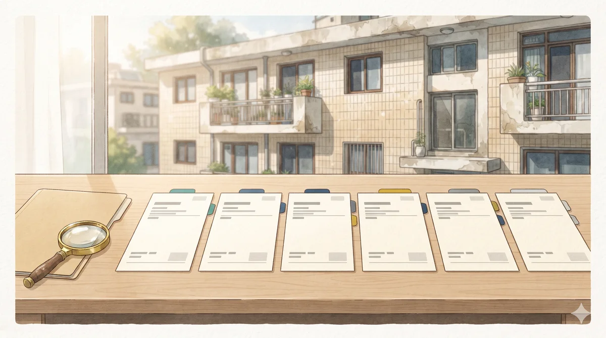 등기부 서류와 돋보기가 놓인 책상과 다세대 건물