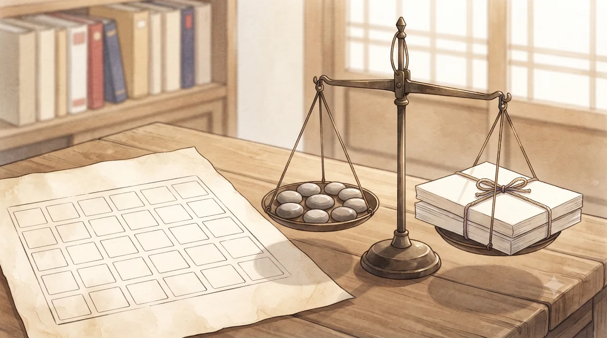 빈 칸만 있는 한지 달력 표 옆에, 한쪽에는 돌 여덟 개가 놓이고 다른 쪽에는 두께가 다른 종이 묶음이 놓인 놋쇠 저울