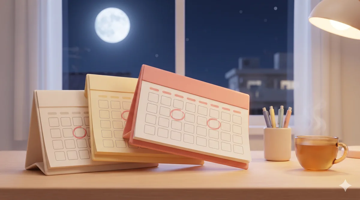 보름달 뜬 밤 책상 위에 겹쳐 놓인 탁상달력 다섯 장