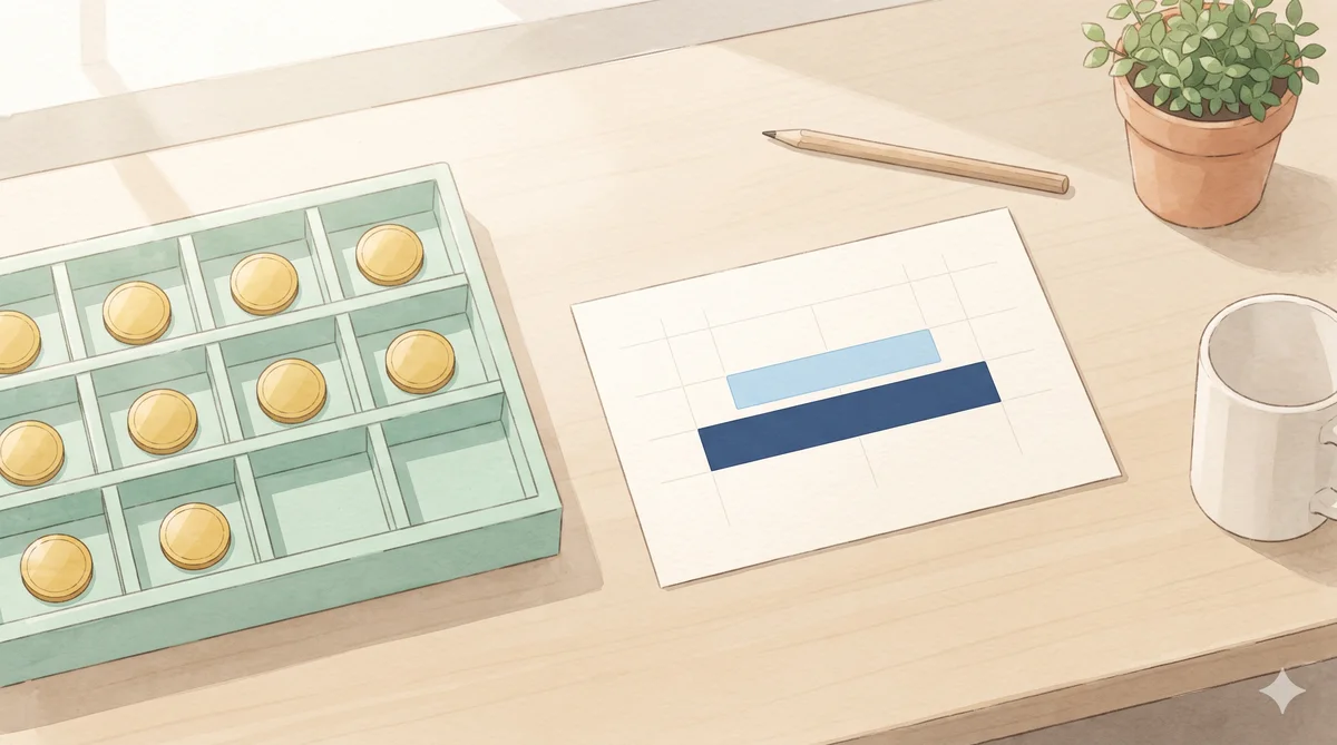 열두 칸 중 아홉 칸에 동전이 담긴 정리함과, 굵은 기본 막대 위에 얇은 막대가 얹힌 그래프 카드