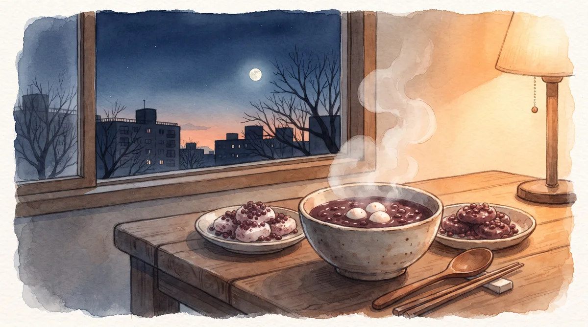 겨울 저녁 창가 식탁 위에서 김이 나는 새알심 팥죽과 팥떡, 창밖에는 떠오르는 보름에 가까운 달
