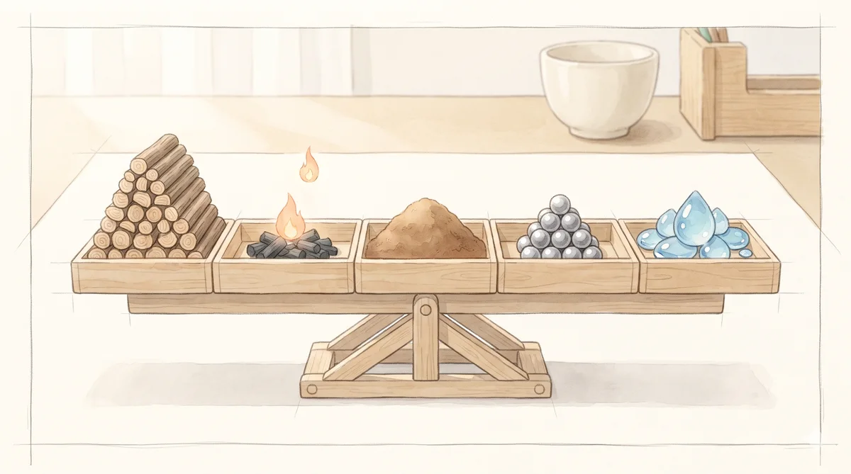 다섯 칸 저울에 나무·불·흙·쇠·물이 서로 다른 높이로 쌓여 있고, 가장 적은 불 칸에 작은 불꽃이 더해지려는 모습