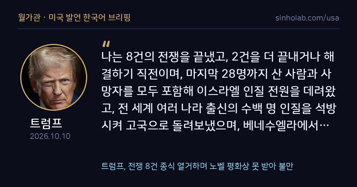 트럼프, 전쟁 8건 종식 열거하며 노벨 평화상 못 받아 불만